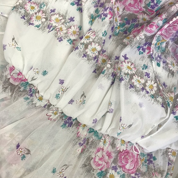 Vintage l 80s S Sheer Floral Daisy Cottagecore Flutter Sleeve Pleated Boho Dress - Picture 10 of 14